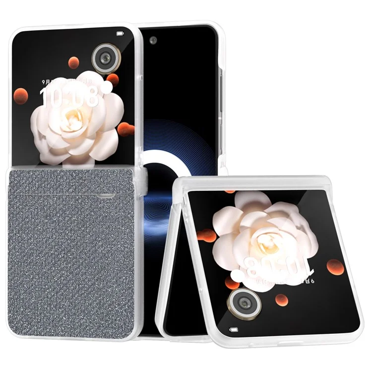 For Honor Magic V Flip 5G Case Hinge Protection Leather+PC Phone Cover Glitter Texture - Black