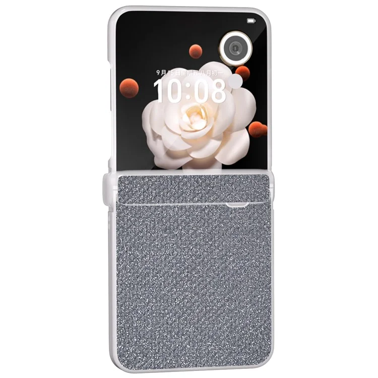 For Honor Magic V Flip 5G Case Hinge Protection Leather+PC Phone Cover Glitter Texture - Black