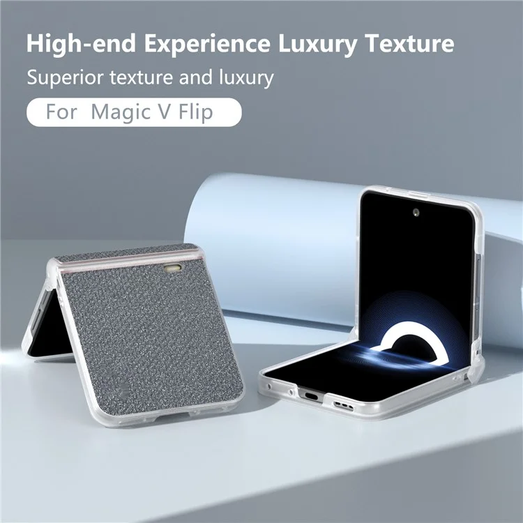 For Honor Magic V Flip 5G Case Hinge Protection Leather+PC Phone Cover Glitter Texture - Black