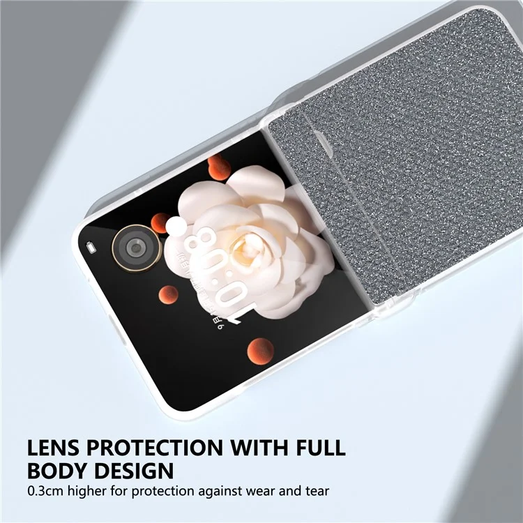 For Honor Magic V Flip 5G Case Hinge Protection Leather+PC Phone Cover Glitter Texture - Black