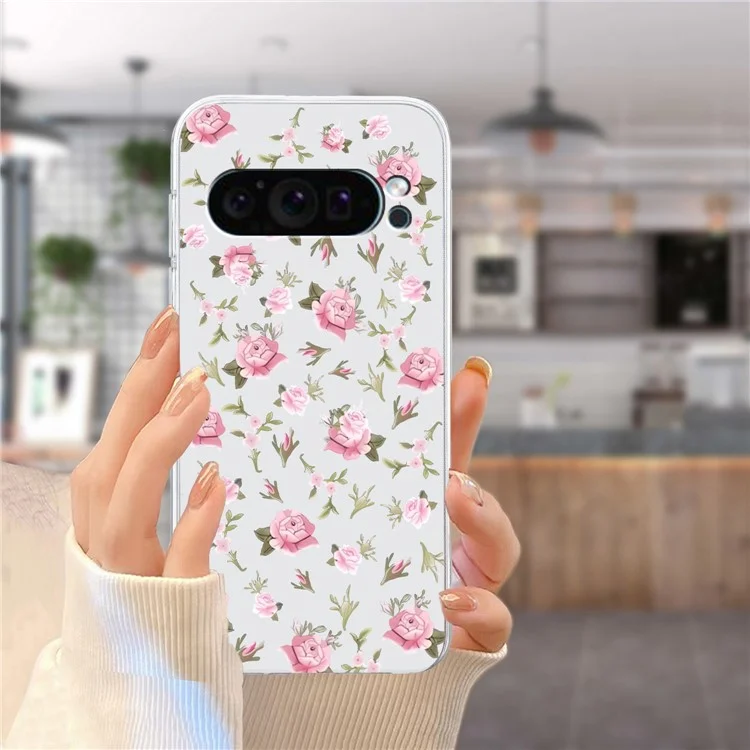 Para Google Pixel 9 Pro Case TPU Phone Cover Animal Floral Pattern Print - Pink Flower