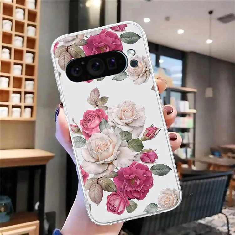 For Google Pixel 9 Pro Case TPU Phone Cover Animal Floral Pattern Print - Peony