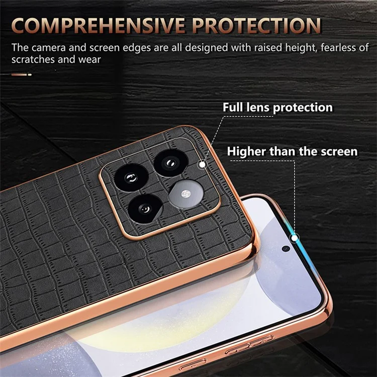 AZNS Per Xiaomi 14 Pro Case Pelle + Custodia per Telefono TPU Elettroplaccatura Texture Coccodrillo - Nero
