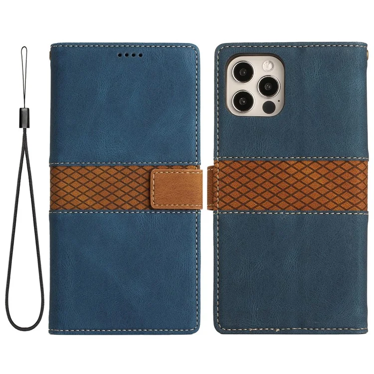 Für iPhone 16 Pro Max Case Grid Splicing PU Leder Brieftasche Handyhülle - Blau