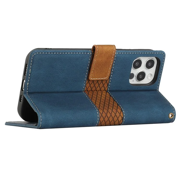 Für iPhone 16 Pro Max Case Grid Splicing PU Leder Brieftasche Handyhülle - Blau