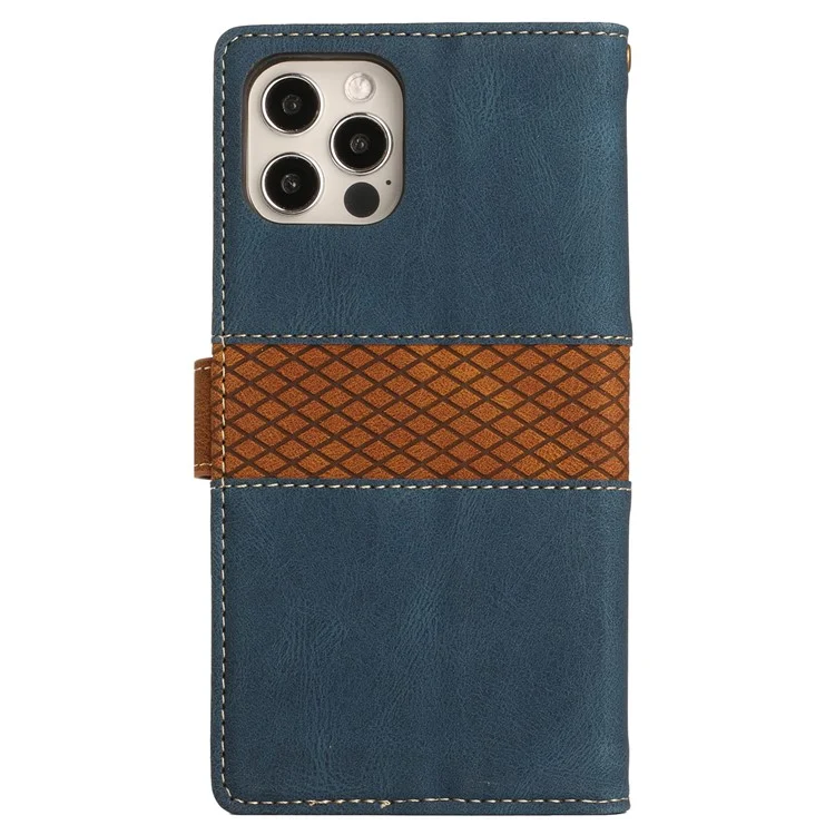 Für iPhone 16 Pro Max Case Grid Splicing PU Leder Brieftasche Handyhülle - Blau