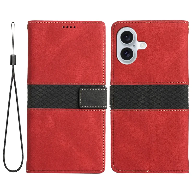 For iPhone 16 Plus Case Wallet Stand Grid Splicing Phone Leather Cover - Red