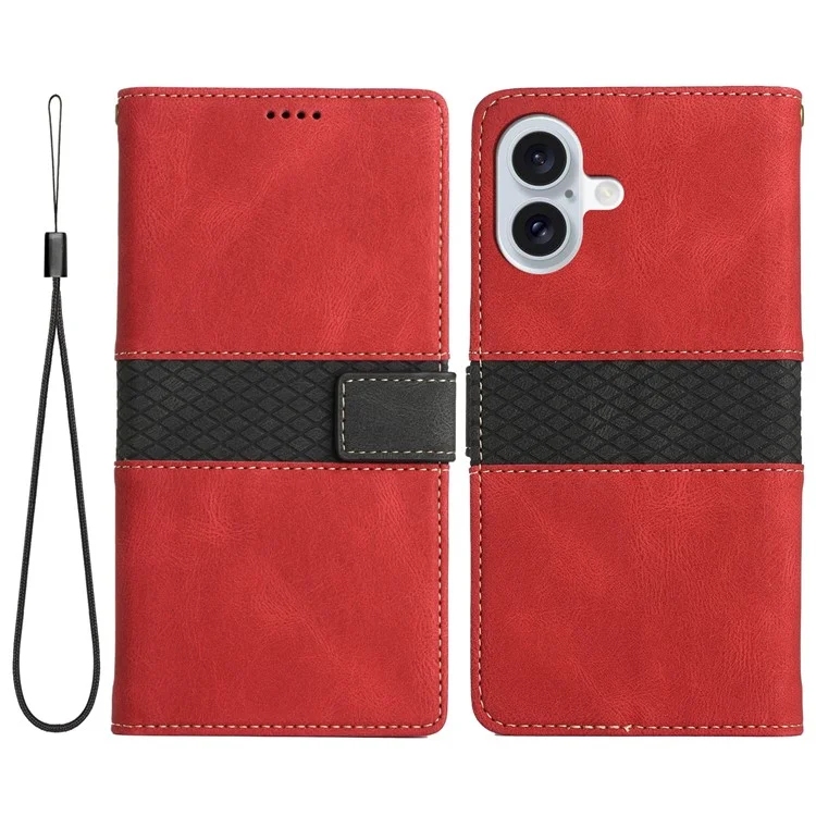 Coque pour iPhone 16 Case Grid Splicing Wallet Card Slots PU Leather Phone Cover - Rouge