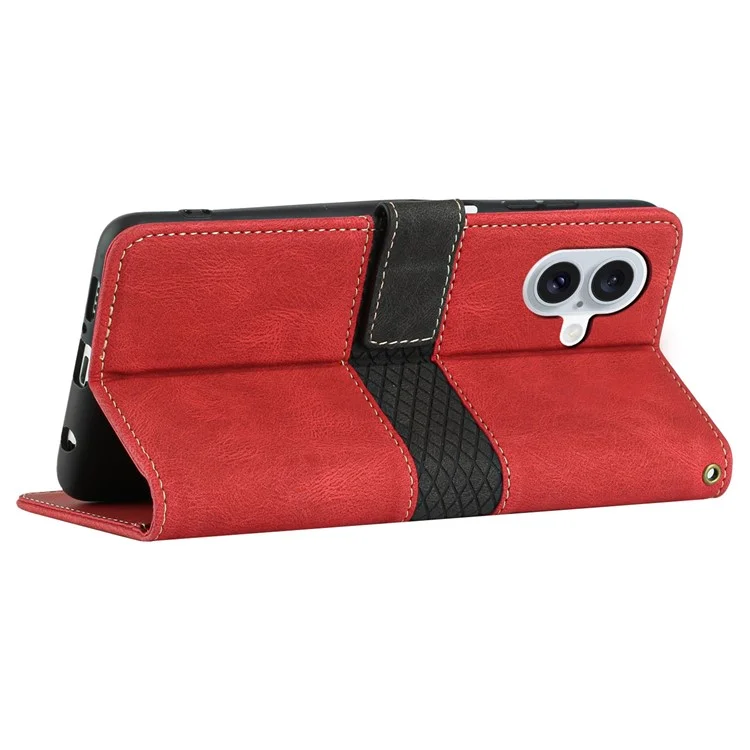 Coque pour iPhone 16 Case Grid Splicing Wallet Card Slots PU Leather Phone Cover - Rouge