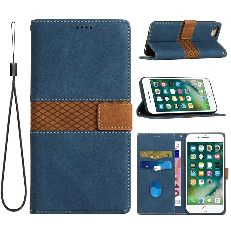 For iPhone 16e Wallet Case Grid Splicing Card Slots PU Leather Phone Cover - Blue