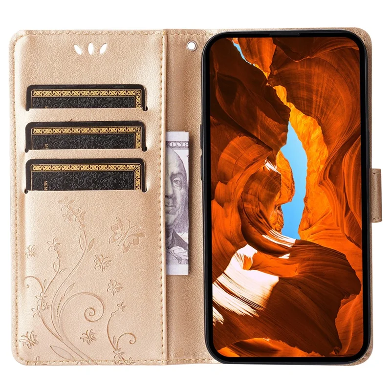 iPhone 16 Pro Max Hülle Leder Handyhülle Schmetterling Blumen Muster - Gold