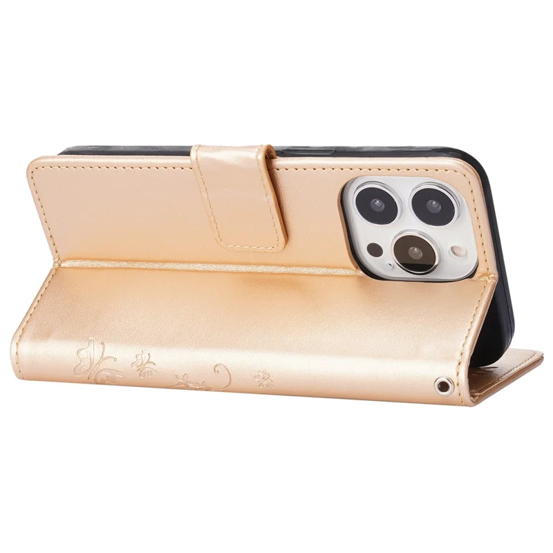 iPhone 16 Pro Max Hülle Leder Handyhülle Schmetterling Blumen Muster - Gold