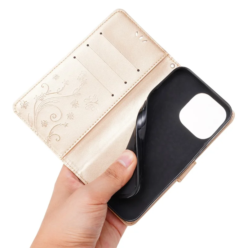iPhone 16 Pro Max Hülle Leder Handyhülle Schmetterling Blumen Muster - Gold