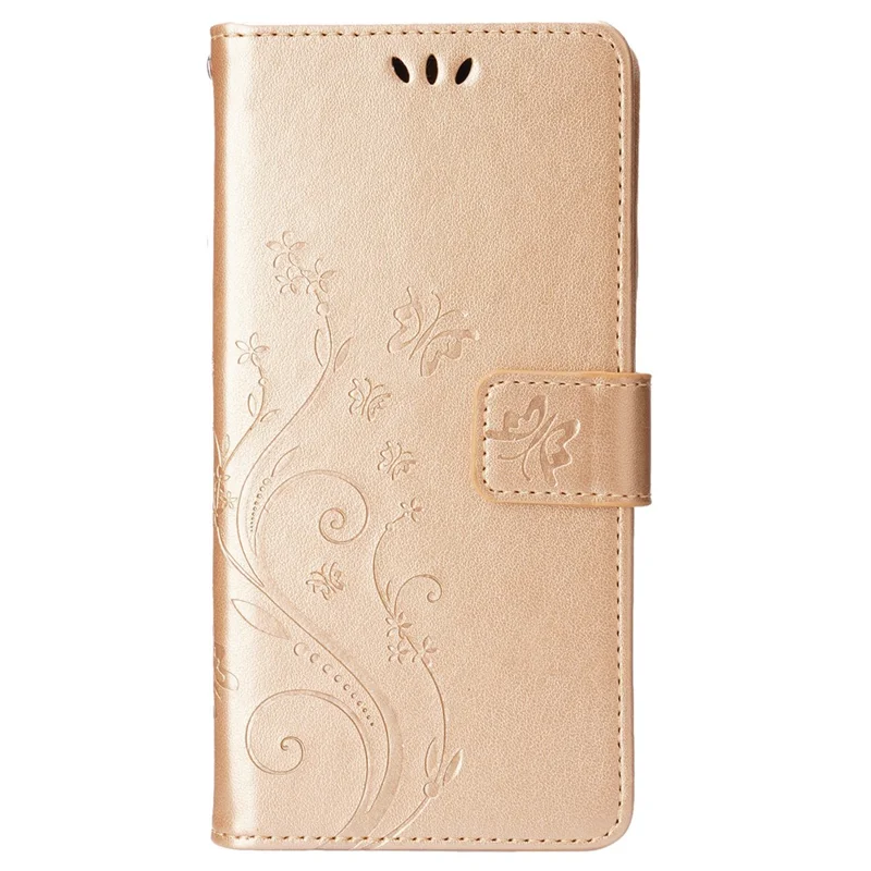 iPhone 16 Pro Max Hülle Leder Handyhülle Schmetterling Blumen Muster - Gold