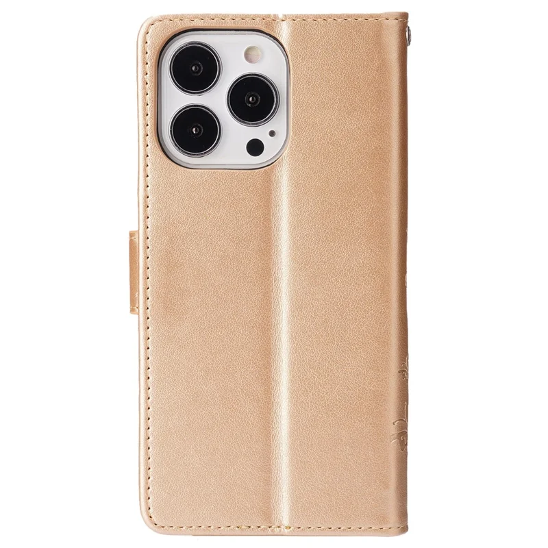 iPhone 16 Pro Max Hülle Leder Handyhülle Schmetterling Blumen Muster - Gold