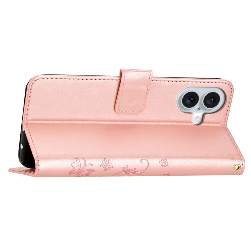 For iPhone 16 Plus Case Wallet PU Leather Butterfly Floral Phone Cover with Strap - Rose Gold