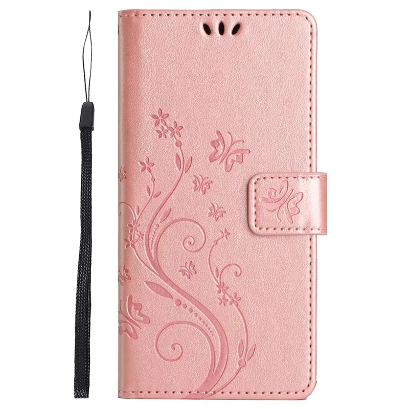 For iPhone 16 Plus Case Wallet PU Leather Butterfly Floral Phone Cover with Strap - Rose Gold