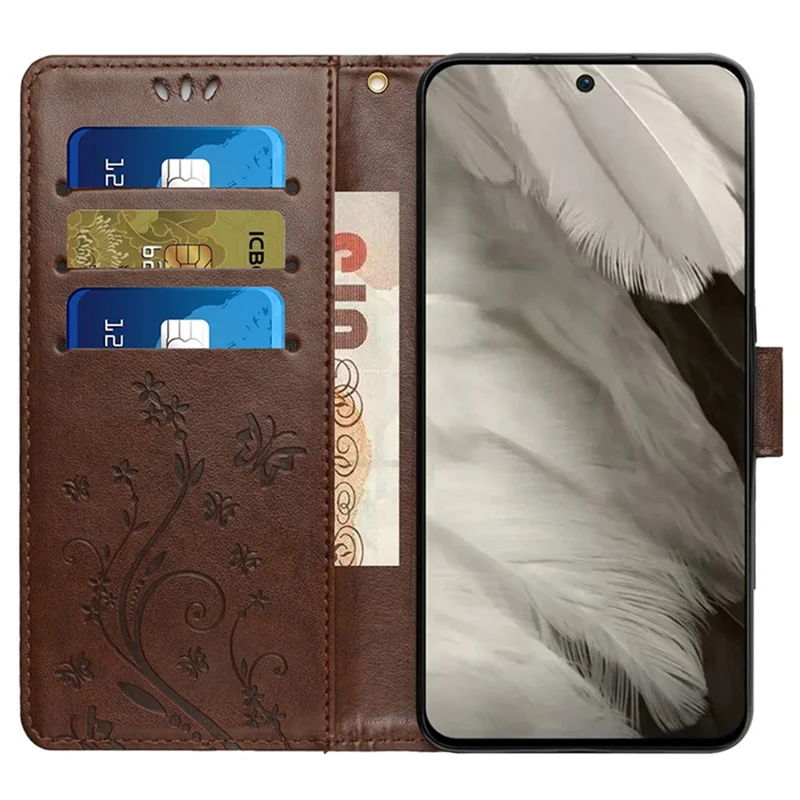 For Google Pixel 9 Pro / Pixel 9 Case Leather Butterfly Floral Design Flip Wallet Phone Cover - Brown