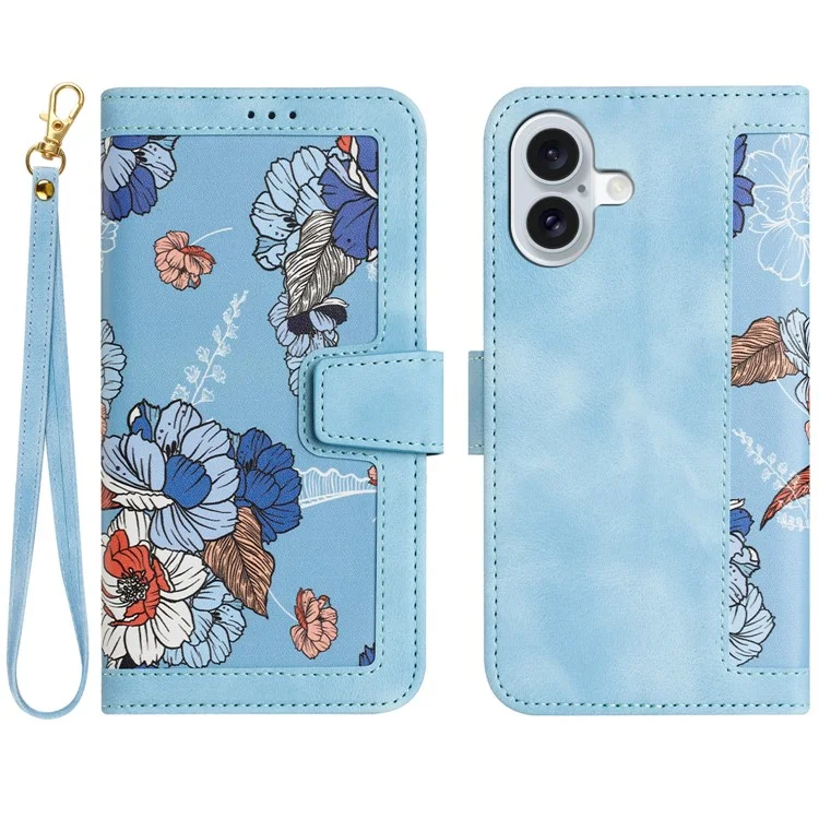 For iPhone 16 Plus Case Card Slots Flower Pattern Flip Leather Phone Cover - Baby Blue