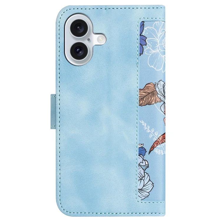 For iPhone 16 Plus Case Card Slots Flower Pattern Flip Leather Phone Cover - Baby Blue