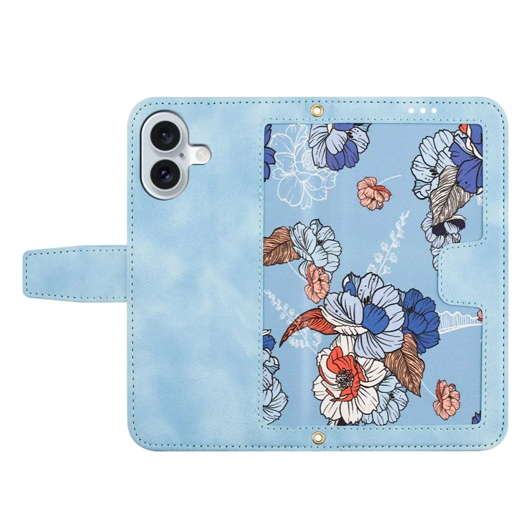 For iPhone 16 Plus Case Card Slots Flower Pattern Flip Leather Phone Cover - Baby Blue