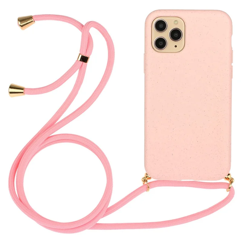 For iPhone 16 Pro Case with Lanyard Wheat Straw+TPU Phone Cover Biodegradable Recyclable - Pink