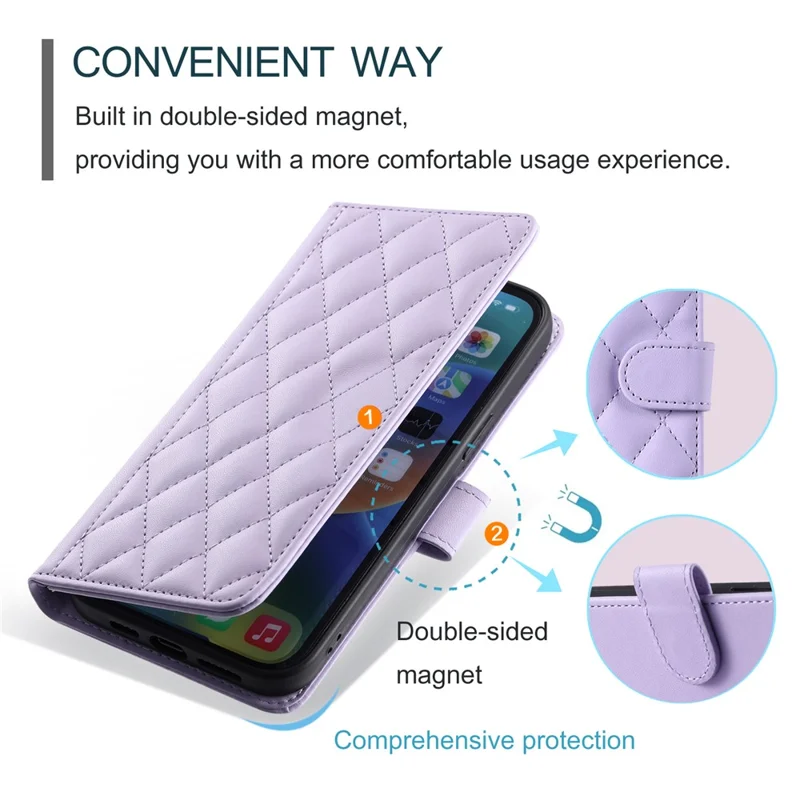 For iPhone 16 Plus Case Rhombus Grid PU Leather Wallet Crossbody Phone Cover - Purple