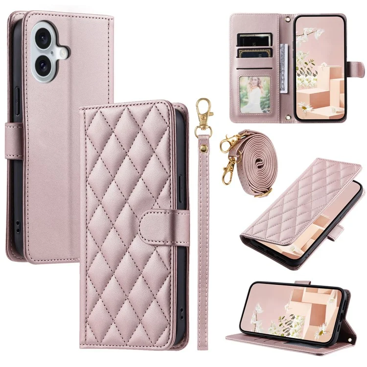 For iPhone 16 Case Rhombus Grid Leather Phone Cover with 2 Straps - Rose Gold
