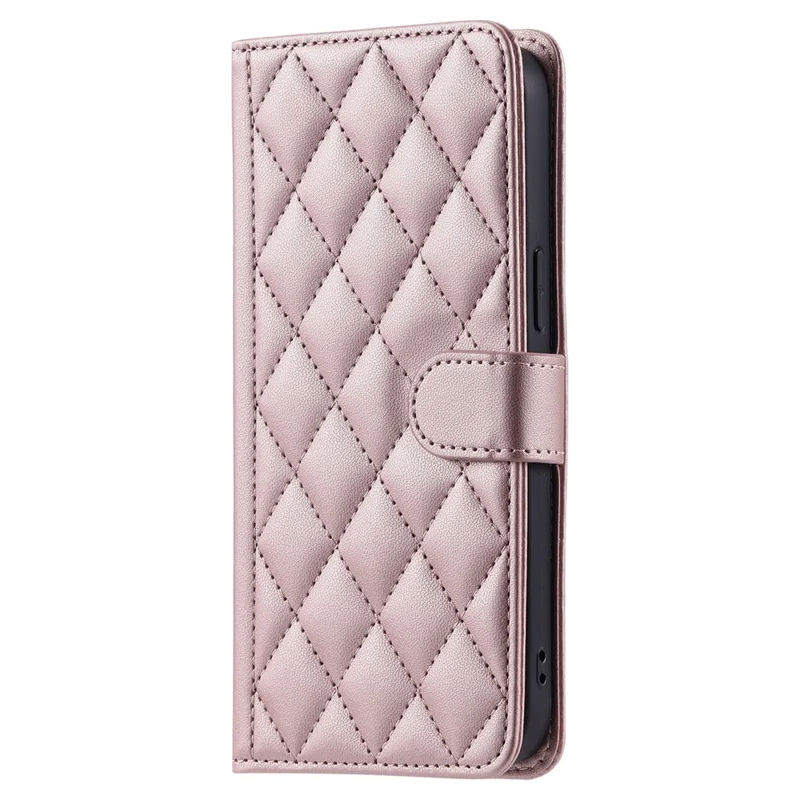 For iPhone 16 Case Rhombus Grid Leather Phone Cover with 2 Straps - Rose Gold