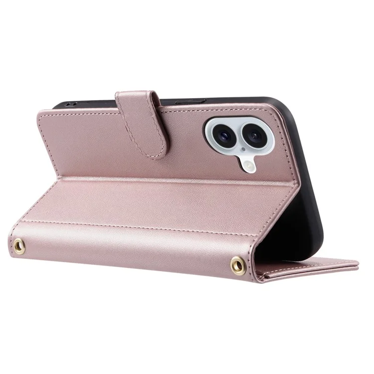 For iPhone 16 Case Rhombus Grid Leather Phone Cover with 2 Straps - Rose Gold