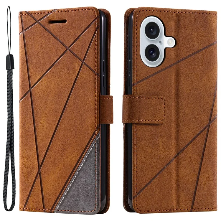 Für iPhone 16 Plus Case Bedruckte Linien PU-Leder Splicing Wallet Phone Cover - Braun