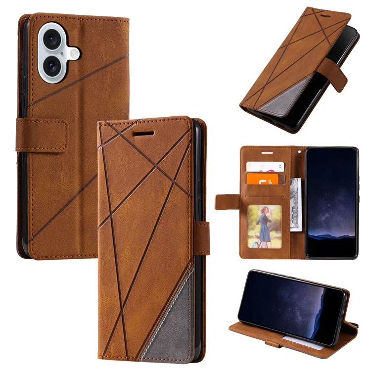 Für iPhone 16 Plus Case Bedruckte Linien PU-Leder Splicing Wallet Phone Cover - Braun
