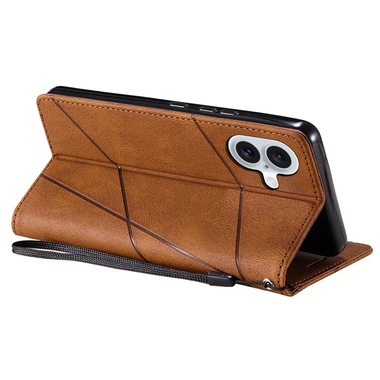 Für iPhone 16 Plus Case Bedruckte Linien PU-Leder Splicing Wallet Phone Cover - Braun