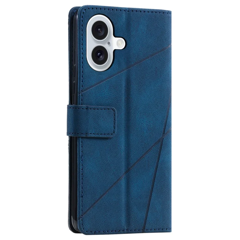 For iPhone 16 Plus Case Imprinted Lines PU Leather Splicing Wallet Phone Cover - Blue