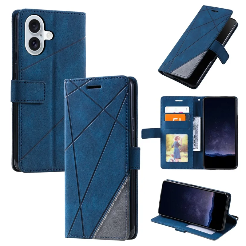For iPhone 16 Plus Case Imprinted Lines PU Leather Splicing Wallet Phone Cover - Blue