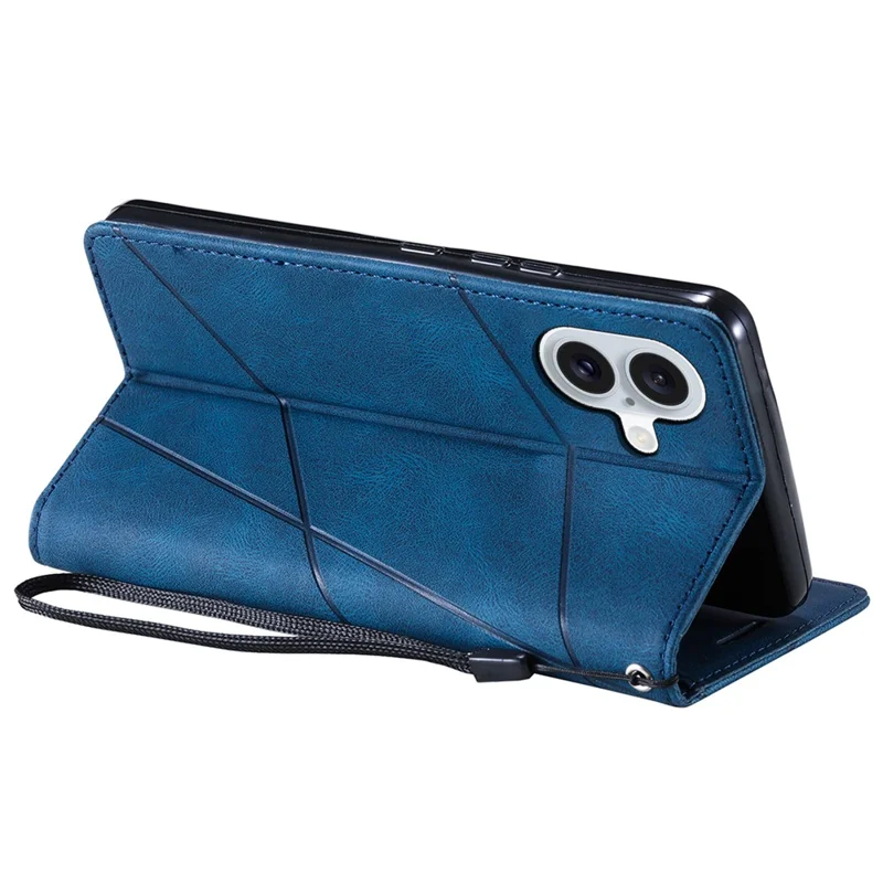 For iPhone 16 Plus Case Imprinted Lines PU Leather Splicing Wallet Phone Cover - Blue