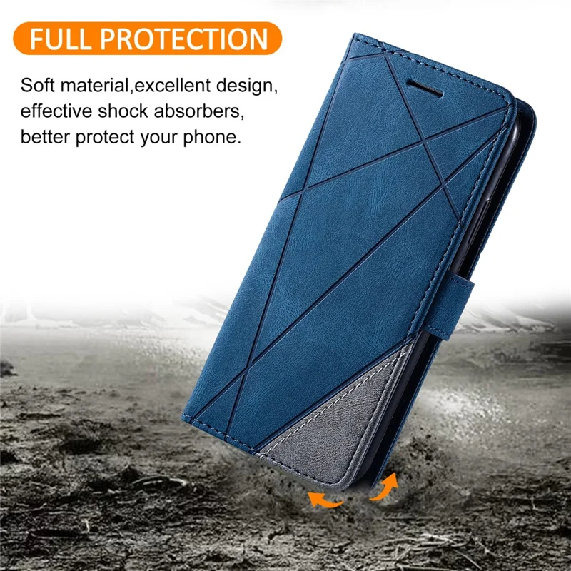For iPhone 16 Plus Case Imprinted Lines PU Leather Splicing Wallet Phone Cover - Blue