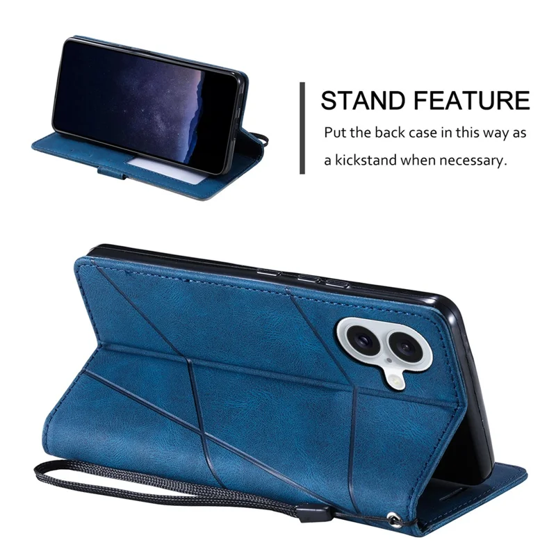 For iPhone 16 Plus Case Imprinted Lines PU Leather Splicing Wallet Phone Cover - Blue