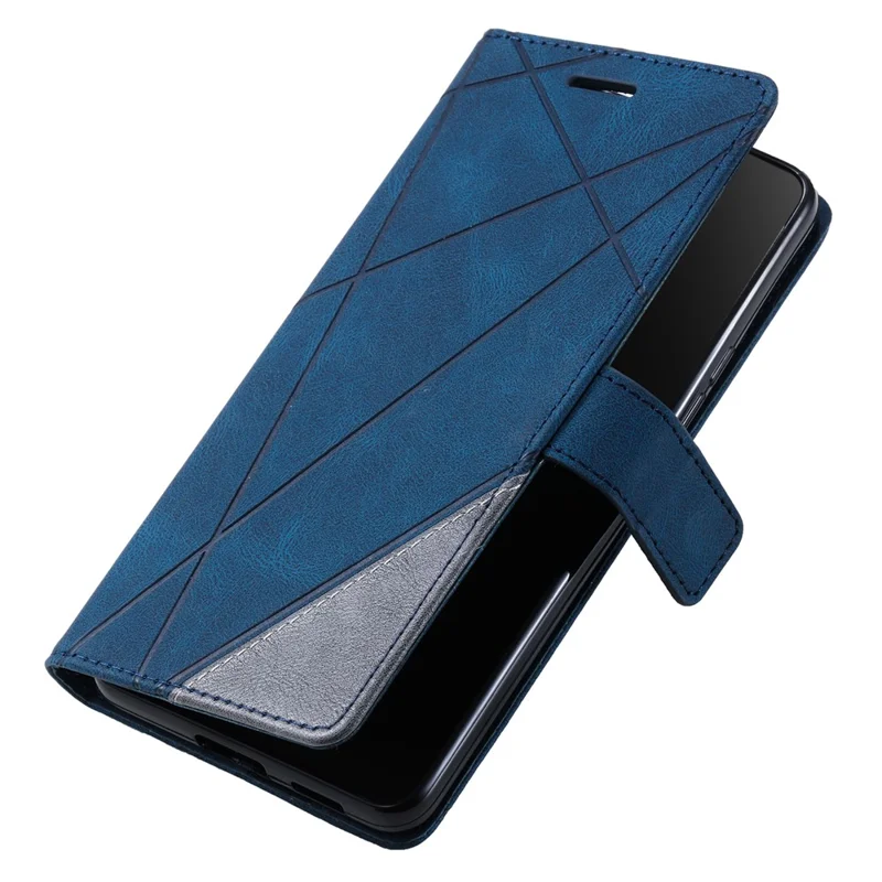 For iPhone 16 Plus Case Imprinted Lines PU Leather Splicing Wallet Phone Cover - Blue