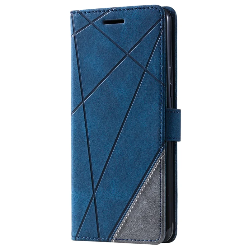 For iPhone 16 Plus Case Imprinted Lines PU Leather Splicing Wallet Phone Cover - Blue
