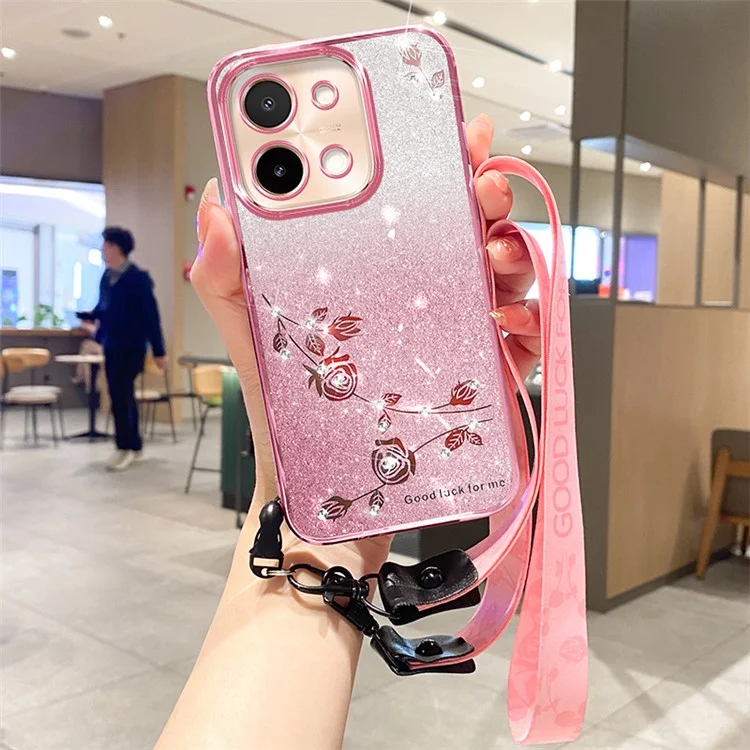 KADEM Para el vivo Y28 4G Estuche Gradiente Brillo TPU Cubierta de Teléfono con Cordón - Oro Rosa