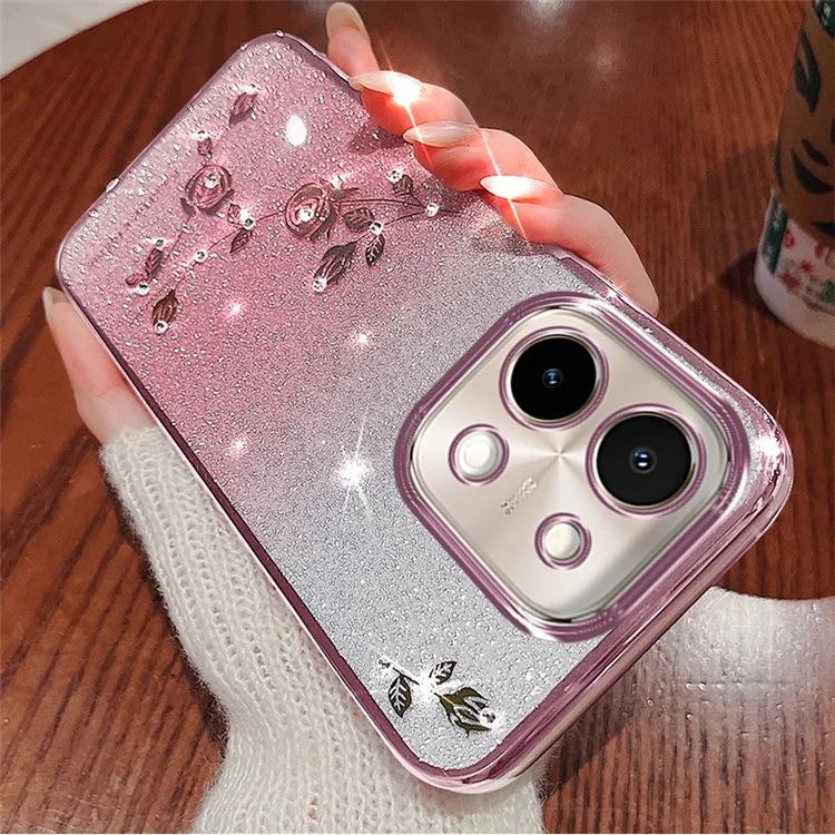 KADEM Para el vivo Y28 4G Estuche Gradiente Brillo TPU Cubierta de Teléfono con Cordón - Oro Rosa