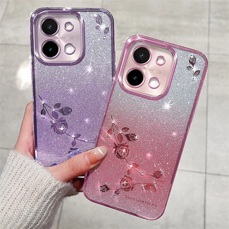 KADEM Para el vivo Y28 4G Estuche Gradiente Brillo TPU Cubierta de Teléfono con Cordón - Oro Rosa