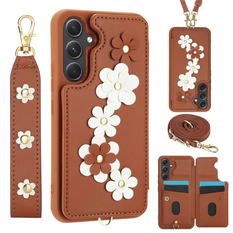 SY-001 For Samsung Galaxy S23 FE Case Card Holder Leather+TPU Flower Phone Cover - Brown