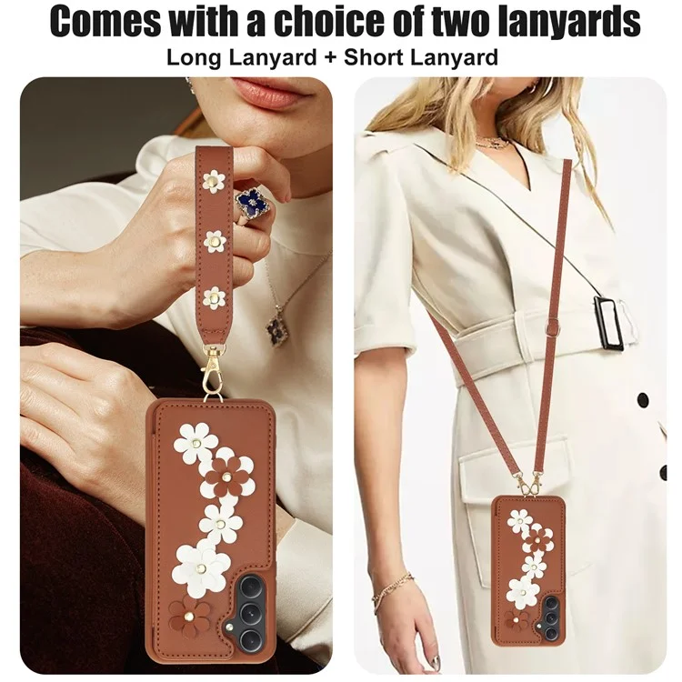 SY-001 For Samsung Galaxy S23 FE Case Card Holder Leather+TPU Flower Phone Cover - Brown