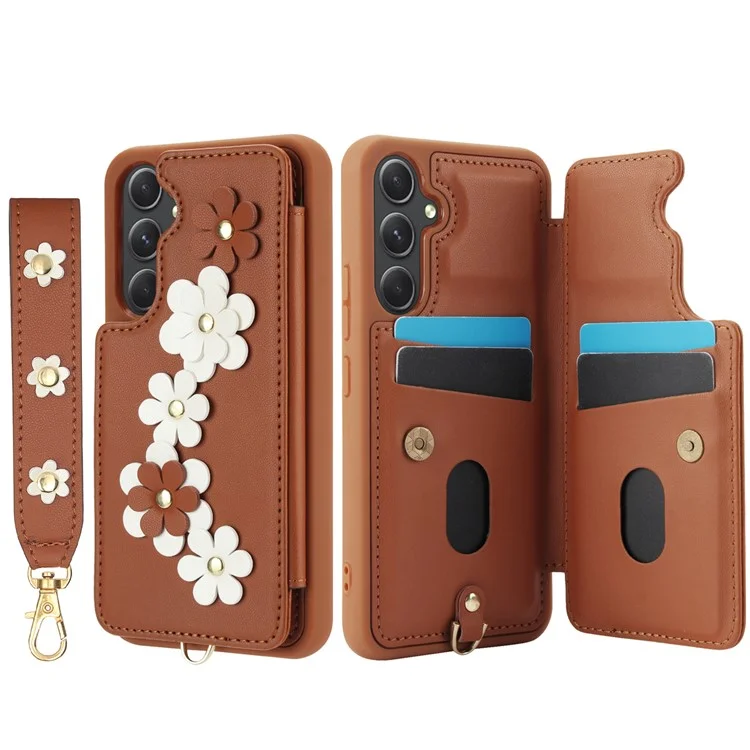SY-001 For Samsung Galaxy S23 FE Case Card Holder Leather+TPU Flower Phone Cover - Brown