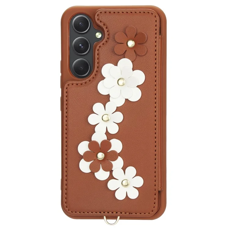 SY-001 For Samsung Galaxy S23 FE Case Card Holder Leather+TPU Flower Phone Cover - Brown