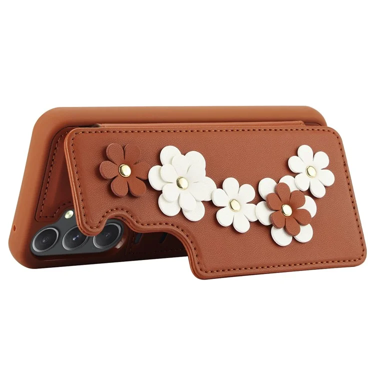 SY-001 For Samsung Galaxy S23 FE Case Card Holder Leather+TPU Flower Phone Cover - Brown