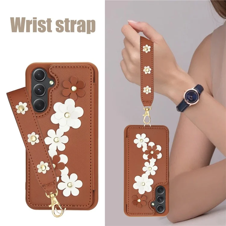 SY-001 For Samsung Galaxy S23 FE Case Card Holder Leather+TPU Flower Phone Cover - Brown