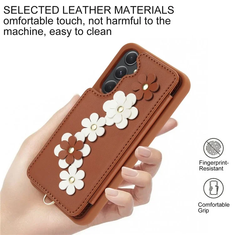 SY-001 For Samsung Galaxy S23 FE Case Card Holder Leather+TPU Flower Phone Cover - Brown